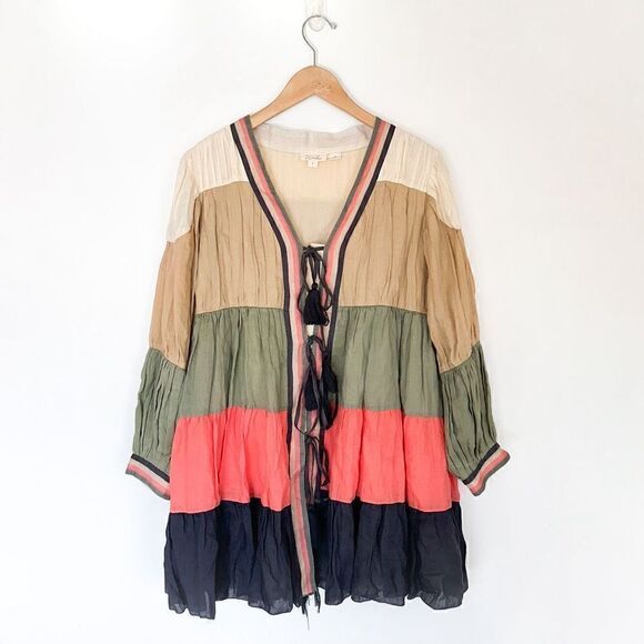 Anthropologie Let Me Be Indria Tiered Color Block Long Sleeve Ramie Tie Tassel - Picture 1 of 12